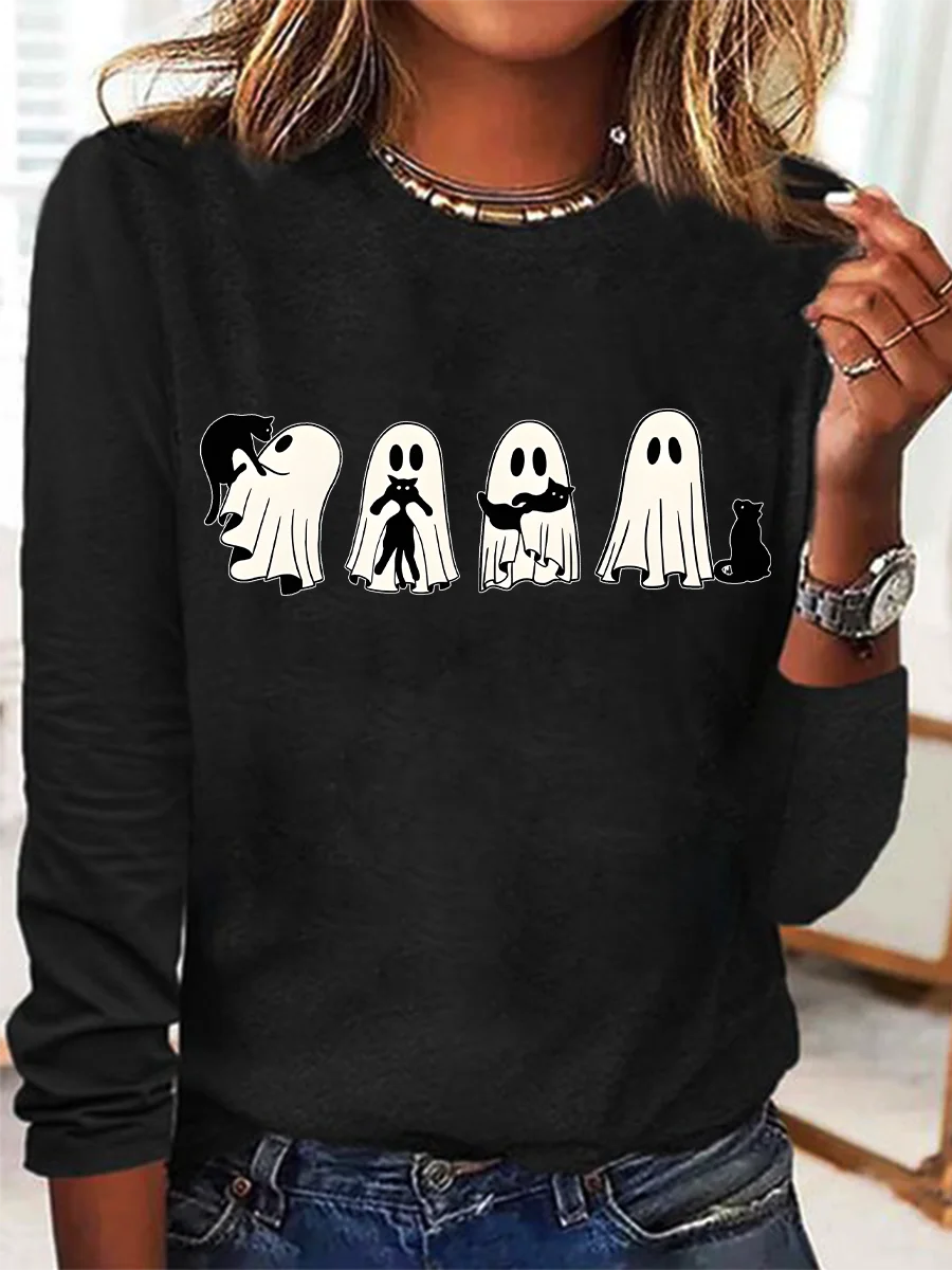Women's Halloween Black Cat Long Sleeve T-Shirt