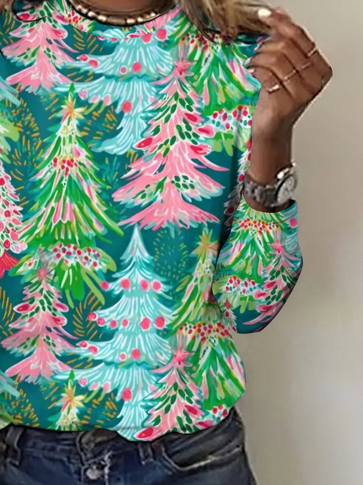 Casual Regular Fit Christmas Tree Crew Neck T-Shirt