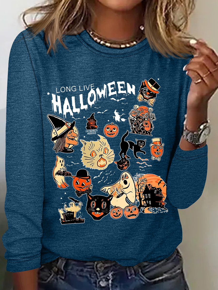 Women's Halloween Horror Season Black Cat Pumpkin Long Sleeve T-shirt
