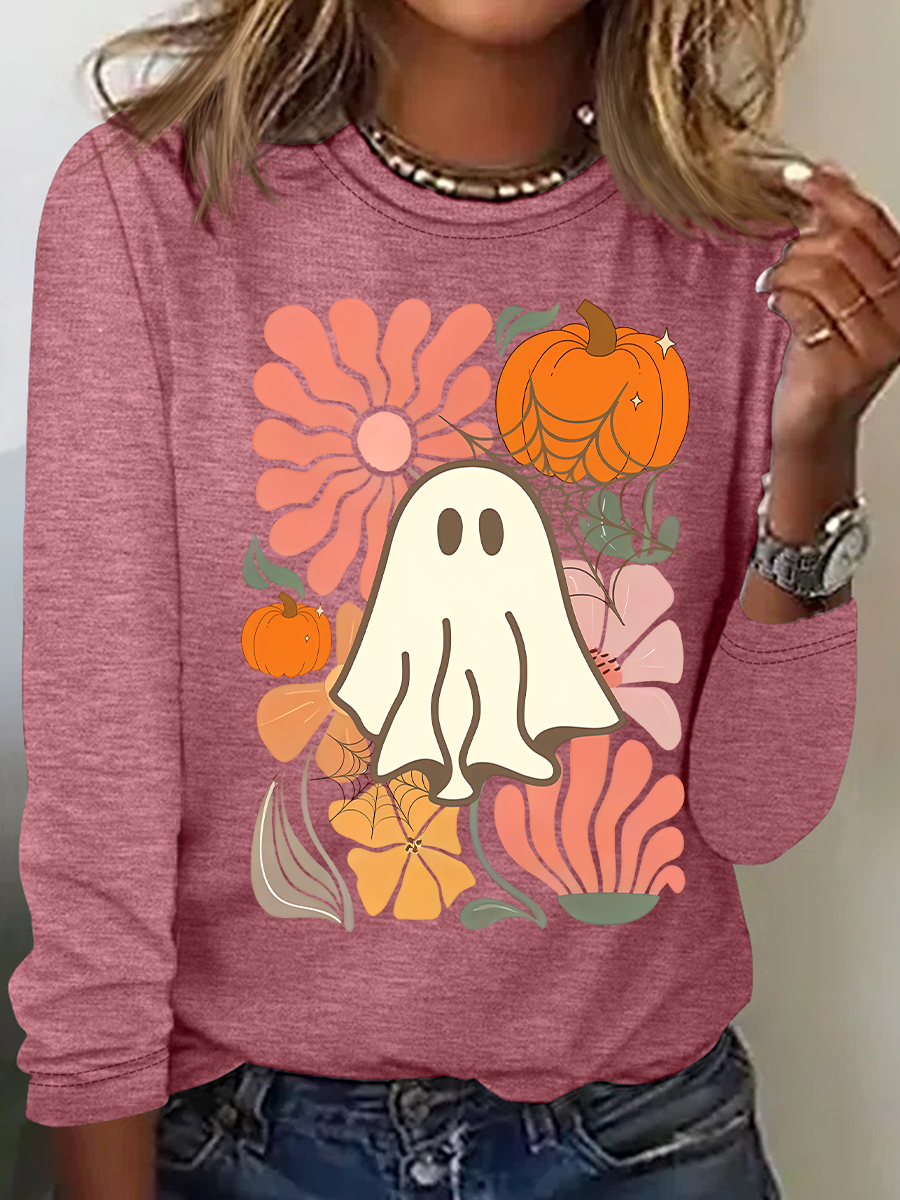 Women's Floral Ghost Halloween, Pumpkin Fall Tee, Boho Spooky Season Long-sleeved T-Shirt