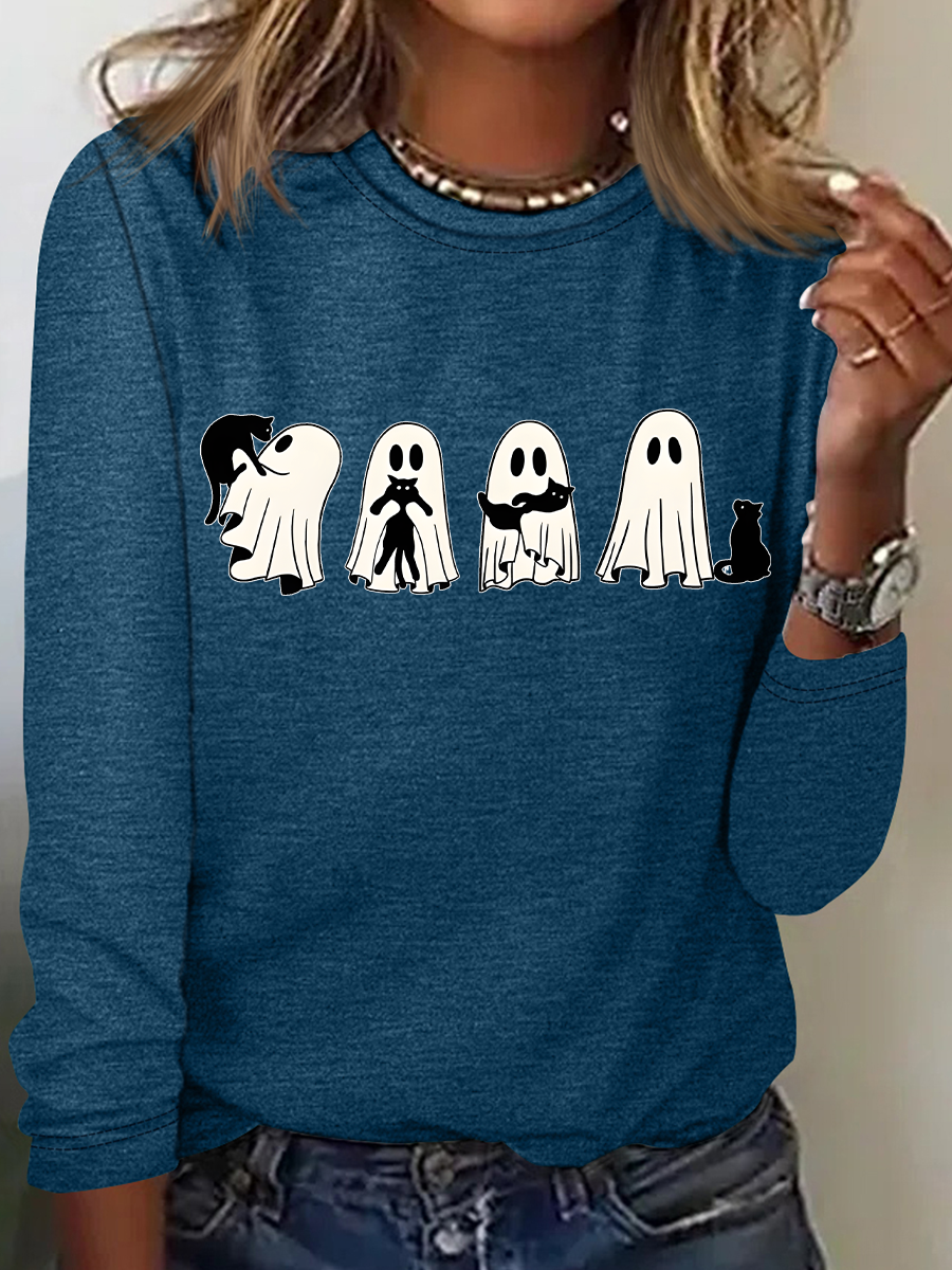 Women's Halloween Black Cat Long Sleeve T-Shirt