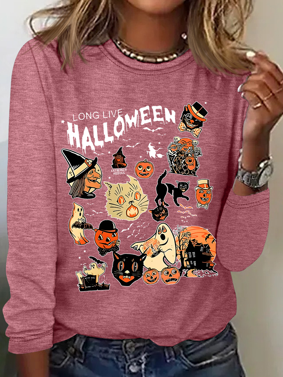 Women's Halloween Horror Season Black Cat Pumpkin Long Sleeve T-shirt