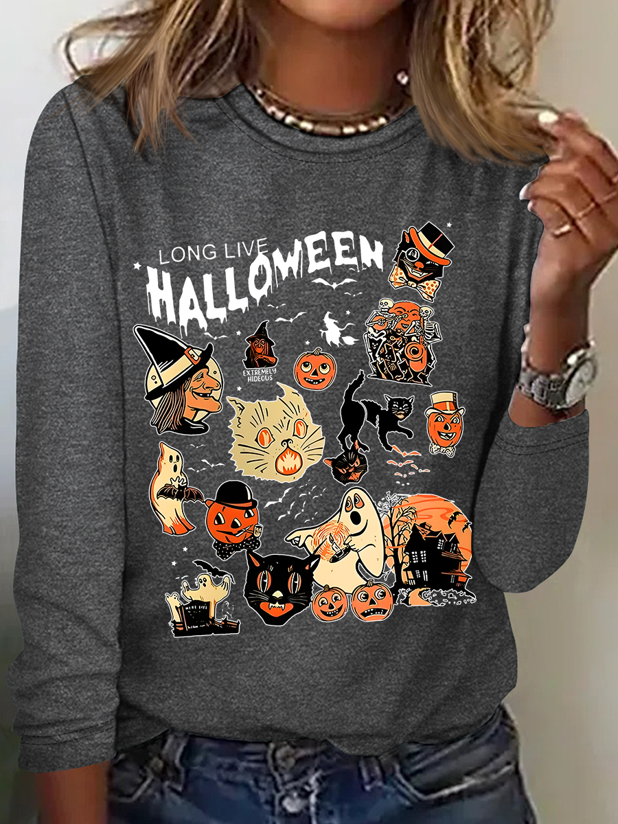 Women's Halloween Horror Season Black Cat Pumpkin Long Sleeve T-shirt
