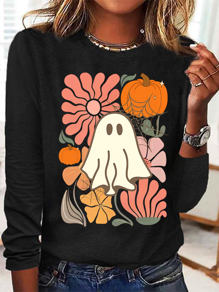 Women's Floral Ghost Halloween, Pumpkin Fall Tee, Boho Spooky Season Long-sleeved T-Shirt