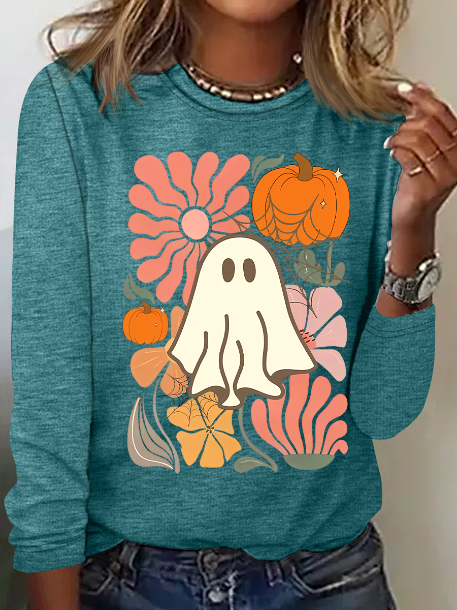 Women's Floral Ghost Halloween, Pumpkin Fall Tee, Boho Spooky Season Long-sleeved T-Shirt