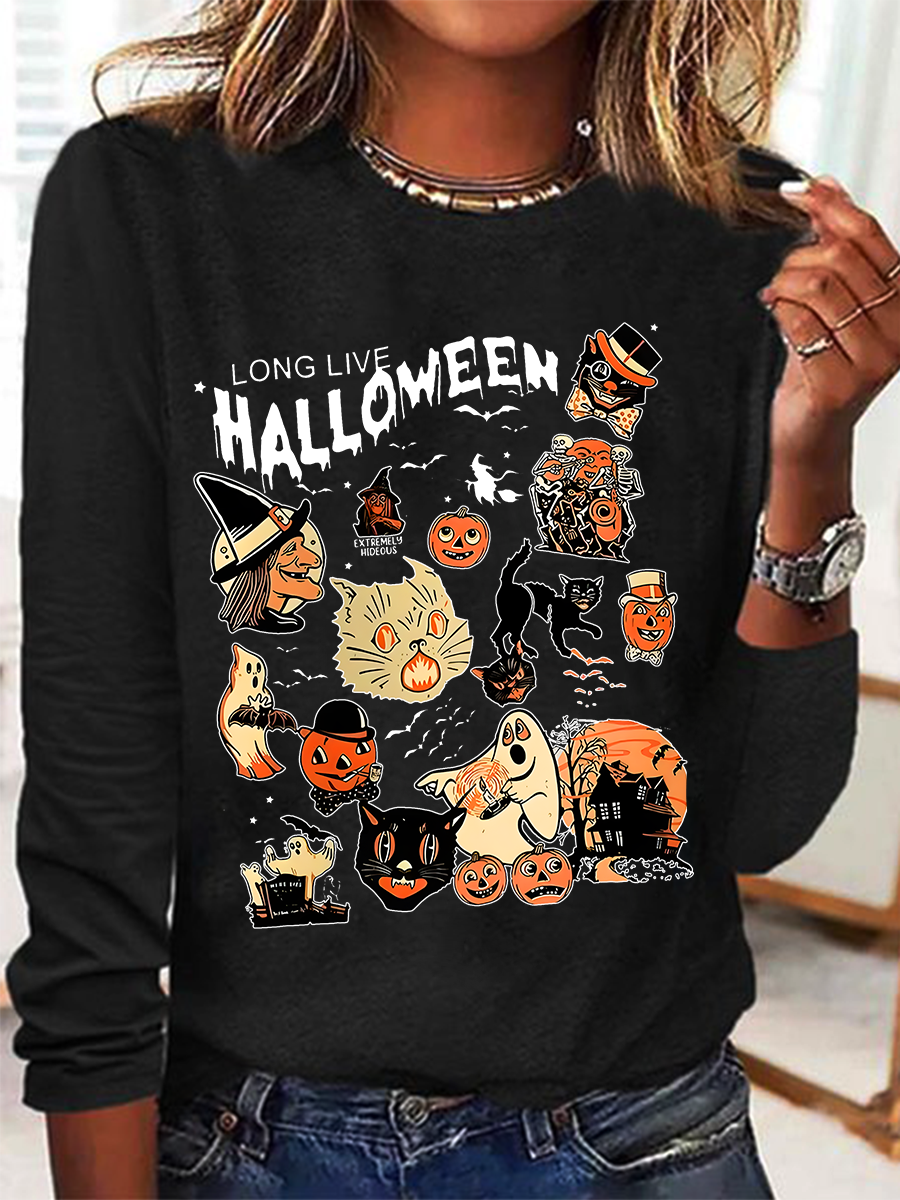 Women's Halloween Horror Season Black Cat Pumpkin Long Sleeve T-shirt