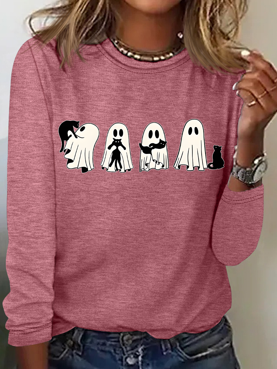 Women's Halloween Black Cat Long Sleeve T-Shirt