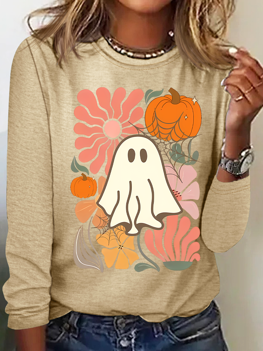 Women's Floral Ghost Halloween, Pumpkin Fall Tee, Boho Spooky Season Long-sleeved T-Shirt