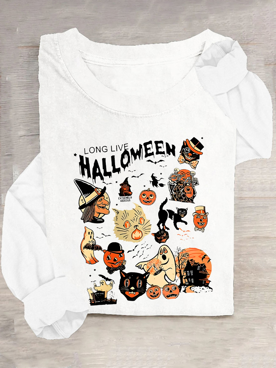 Women's Halloween Horror Season Black Cat Pumpkin Long Sleeve T-shirt