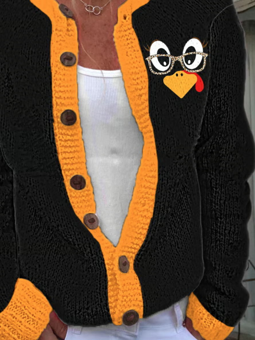 Women's Thanksgiving Day Cute Turkey Fall Thanksgiving Knit Cardigan