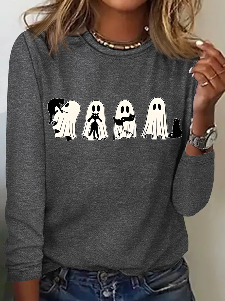 Women's Halloween Black Cat Long Sleeve T-Shirt