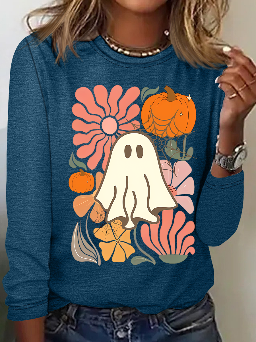 Women's Floral Ghost Halloween, Pumpkin Fall Tee, Boho Spooky Season Long-sleeved T-Shirt