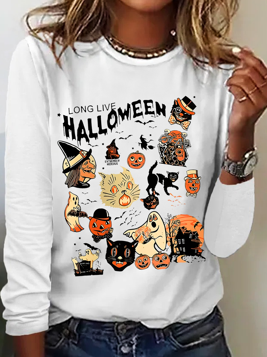 Women's Halloween Horror Season Black Cat Pumpkin Long Sleeve T-shirt