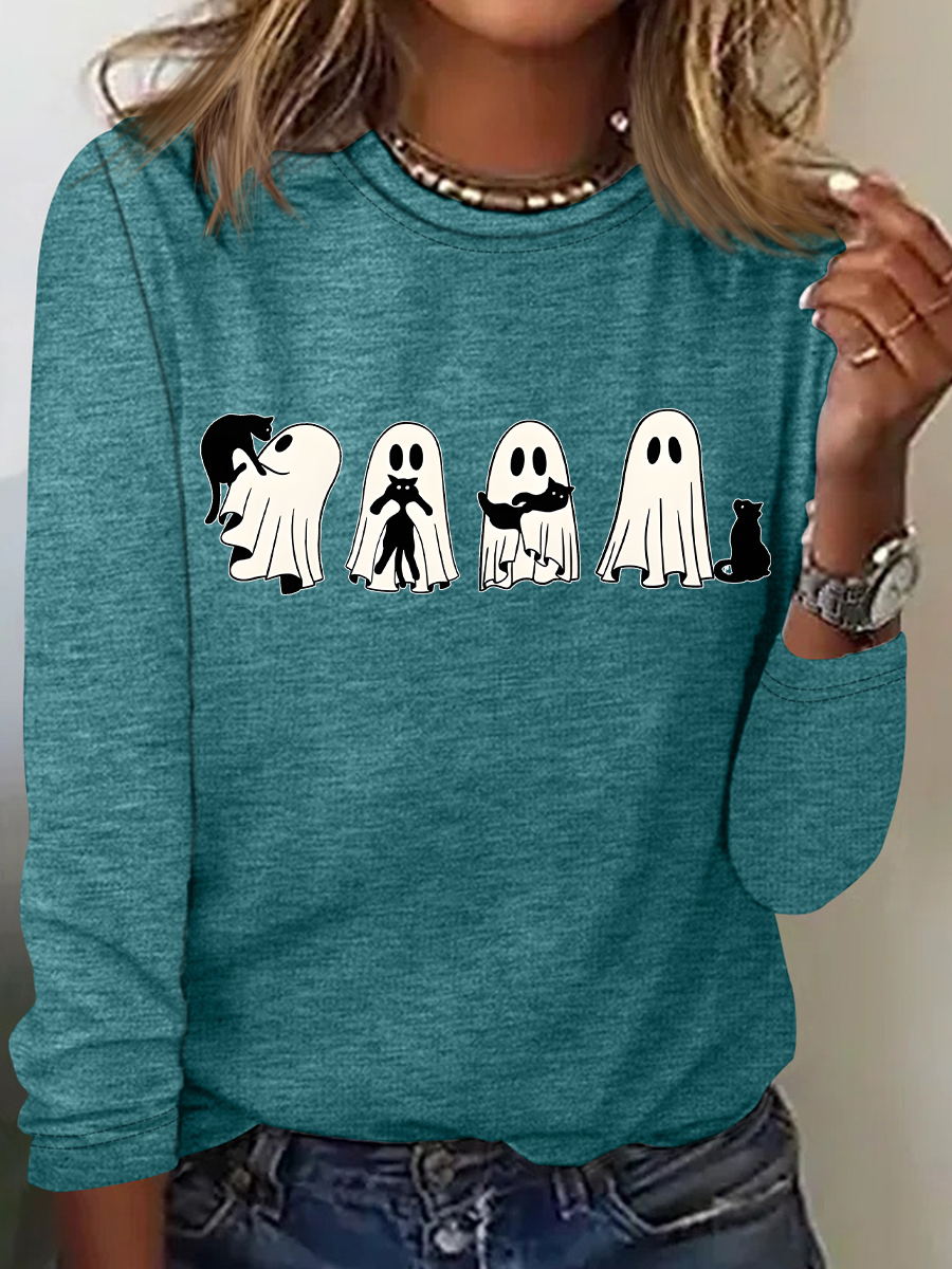 Women's Halloween Black Cat Long Sleeve T-Shirt