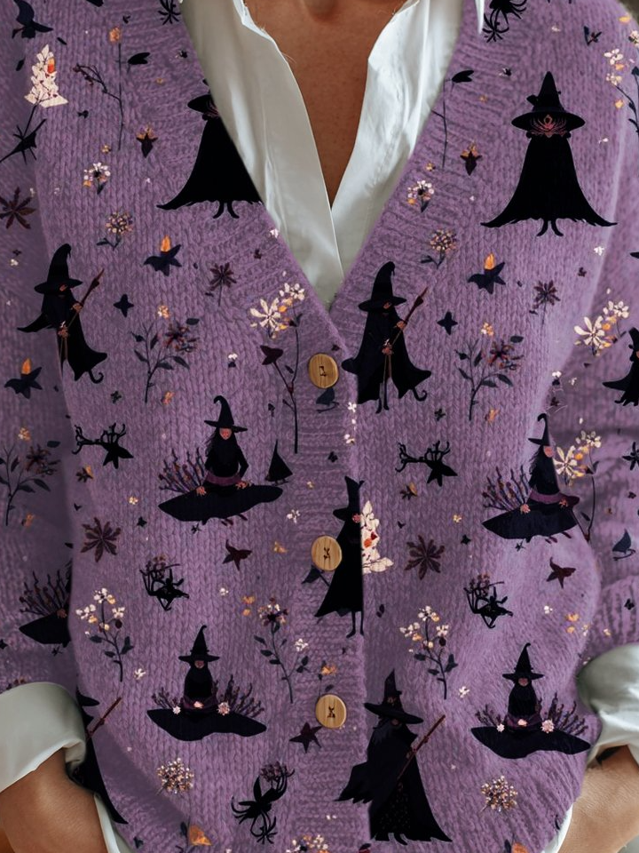 Women's Halloween Witch Print Knit Cardigan