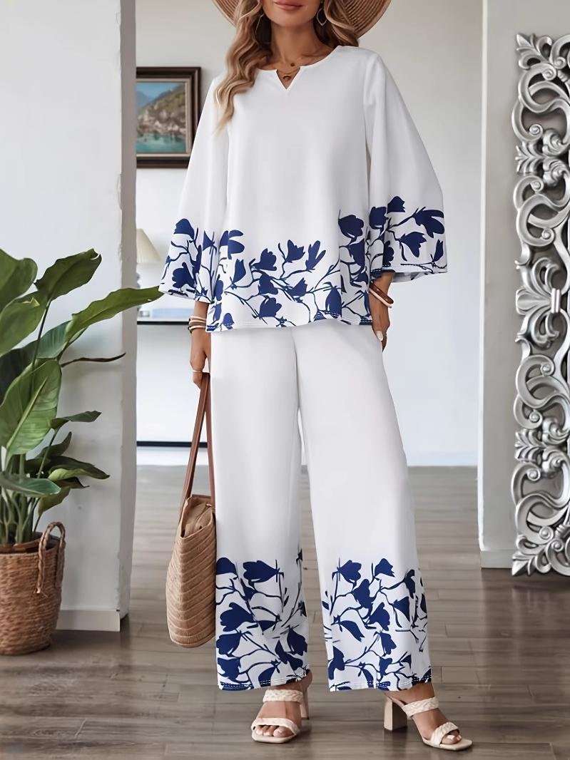 Plant Print Elegant Style Suit Loose Casual Long-Sleeved Top And Pants