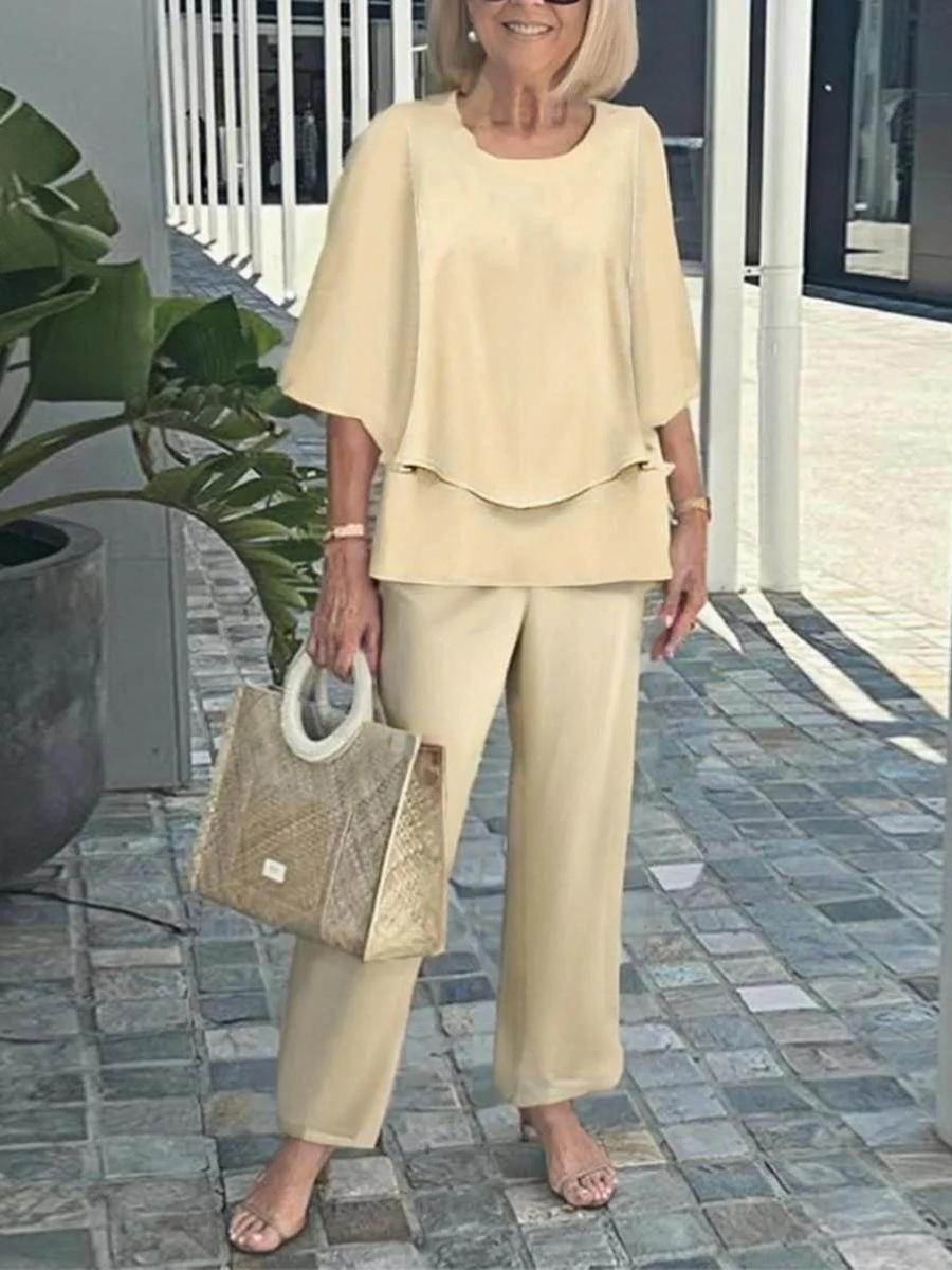 Bell Sleeve Crew Neck Casual Loose Two-Piece Set
