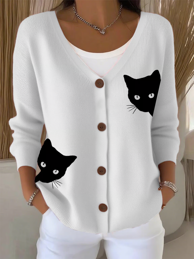 Women's Cute Cat Print Casual Cardigan
