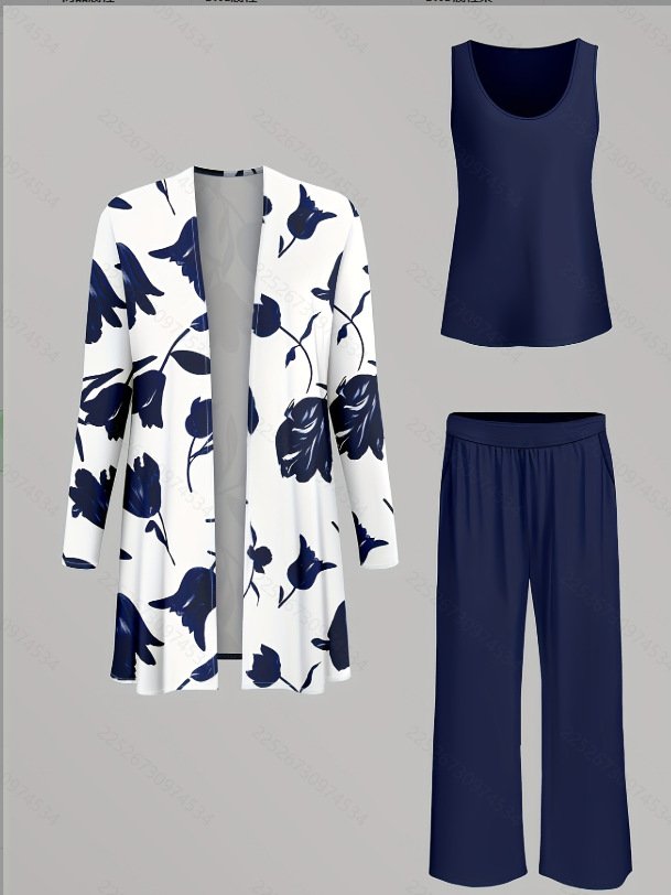 Casual Loose Spring And Autumn Printed Jacket Cardigan Vest Trousers Three-Piece Set
