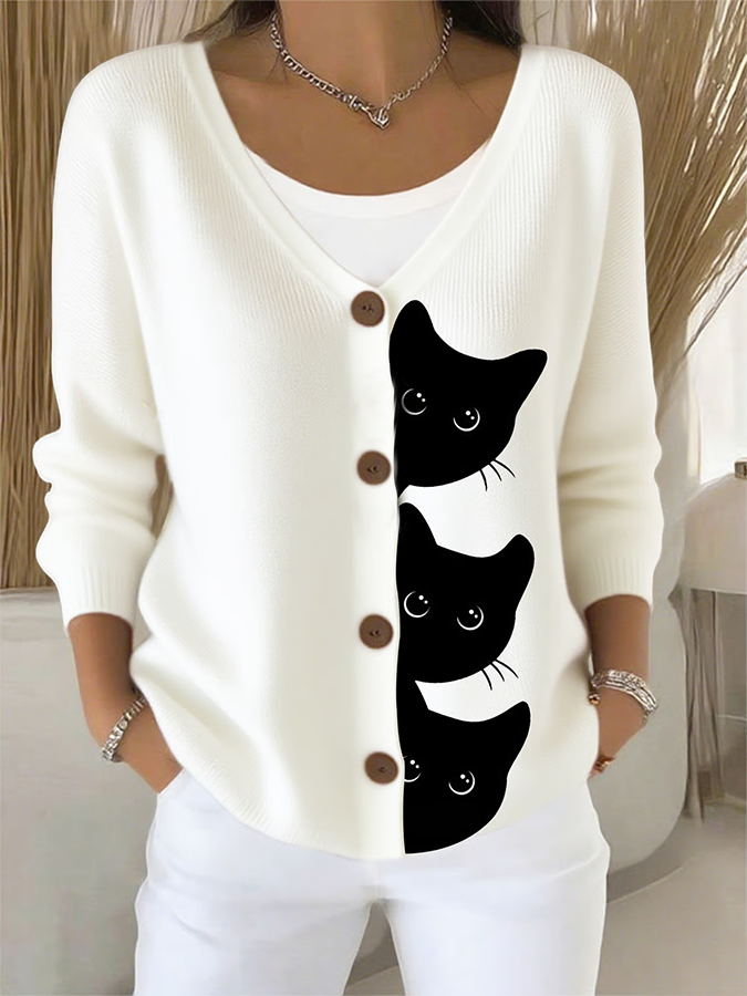 Women's Halloween Fun Black Cat Print Cardigan Sweater