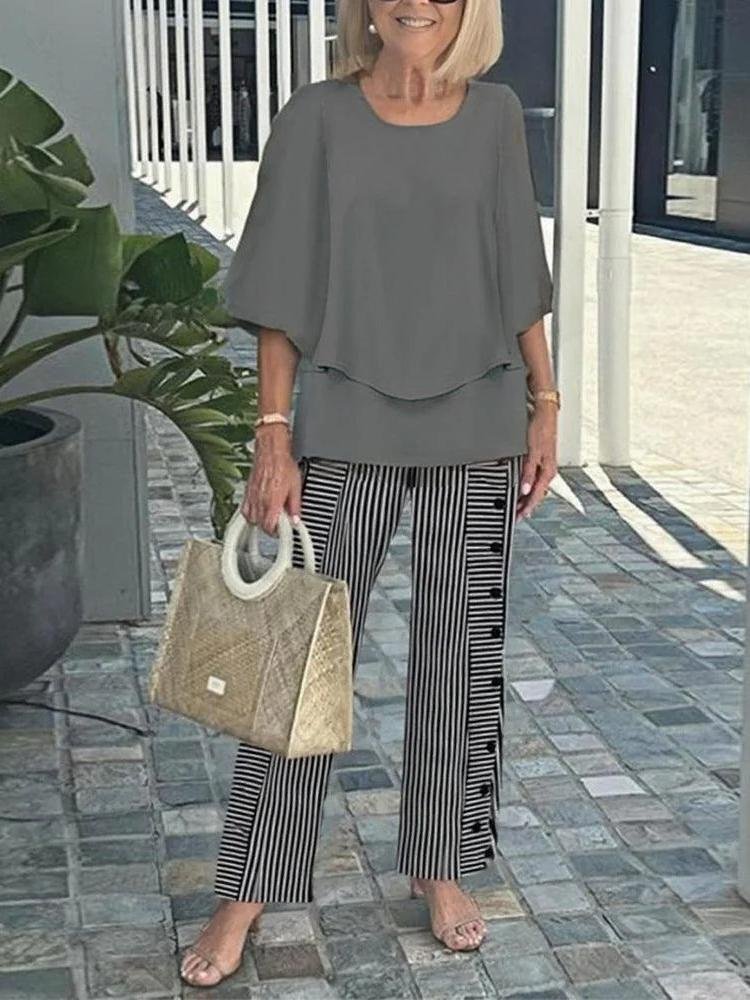 Bell Sleeve Crew Neck Casual Loose Two-Piece Set