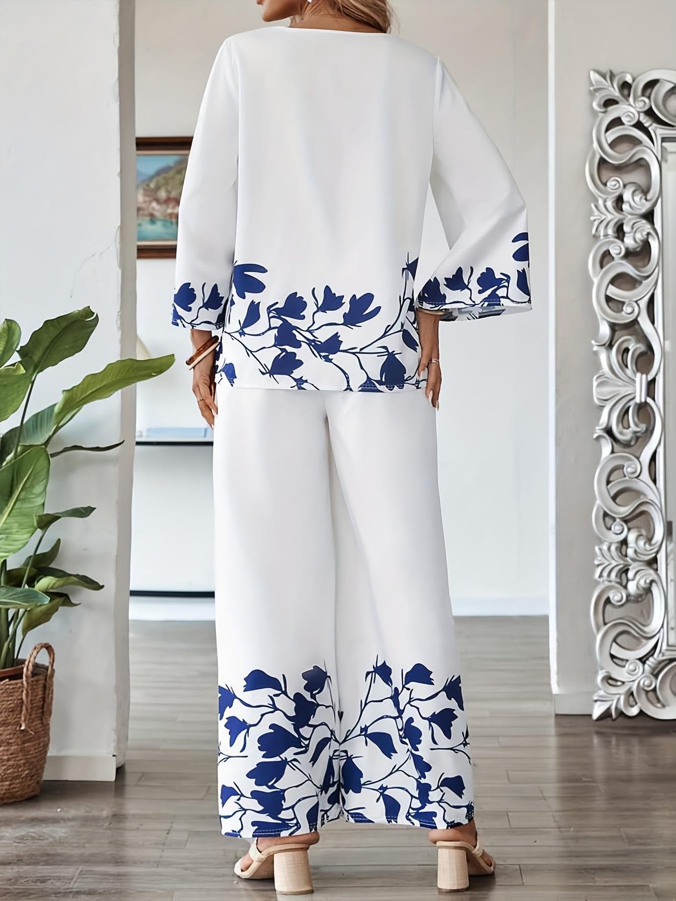 Plant Print Elegant Style Suit Loose Casual Long-Sleeved Top And Pants