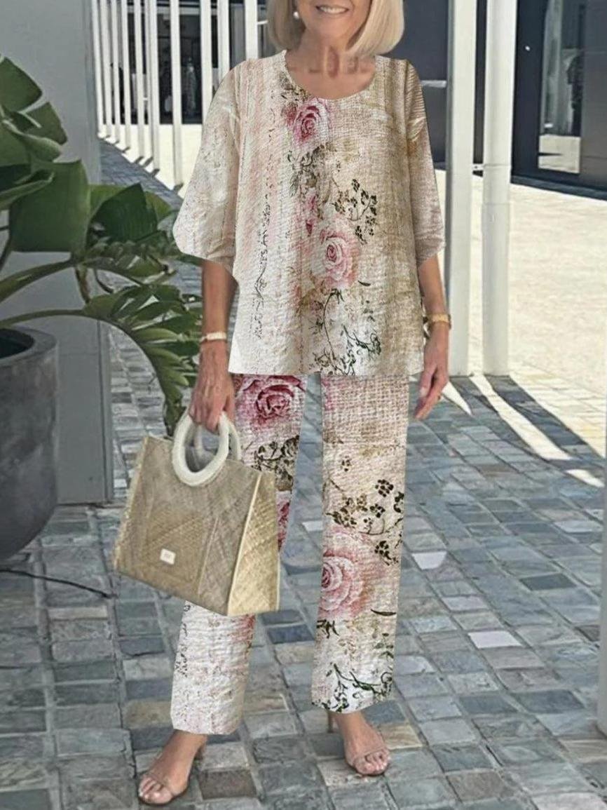 Bell Sleeve Crew Neck Casual Loose Two-Piece Set