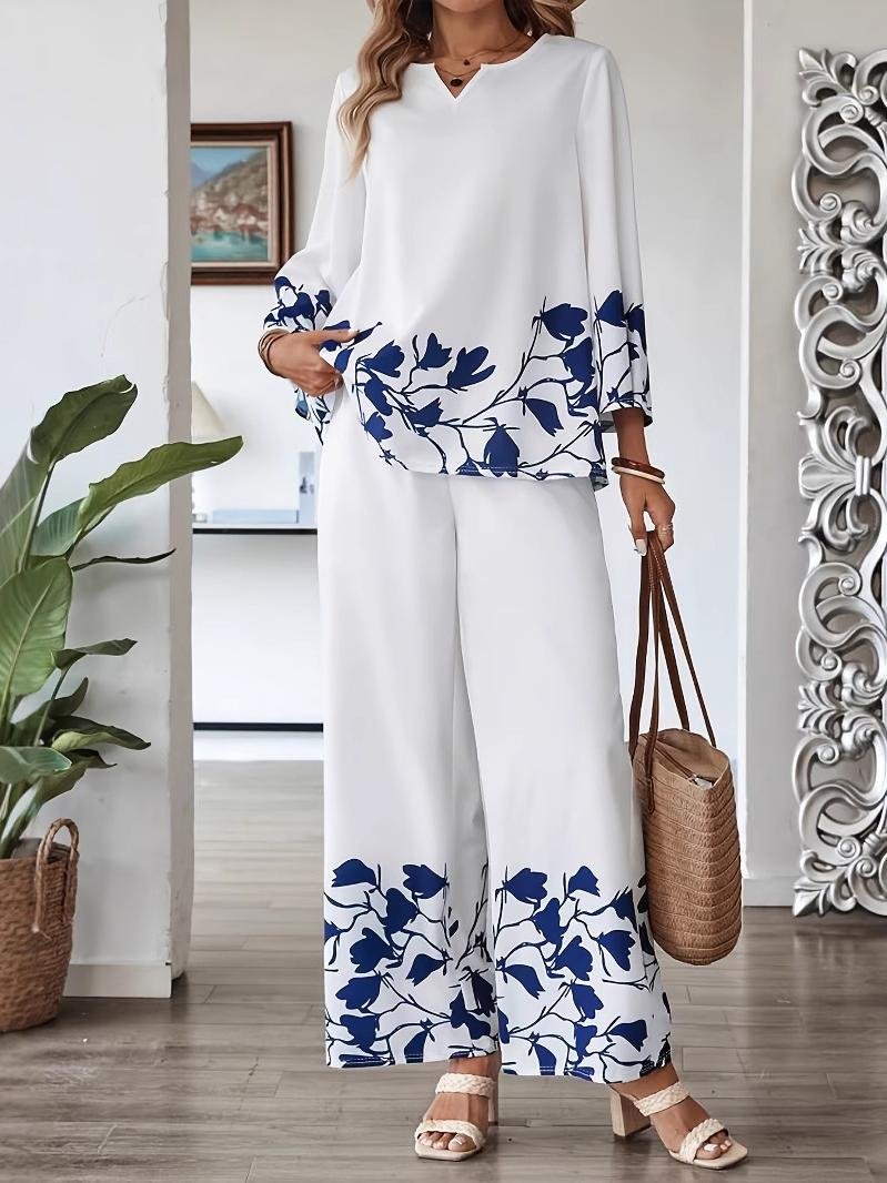 Plant Print Elegant Style Suit Loose Casual Long-Sleeved Top And Pants