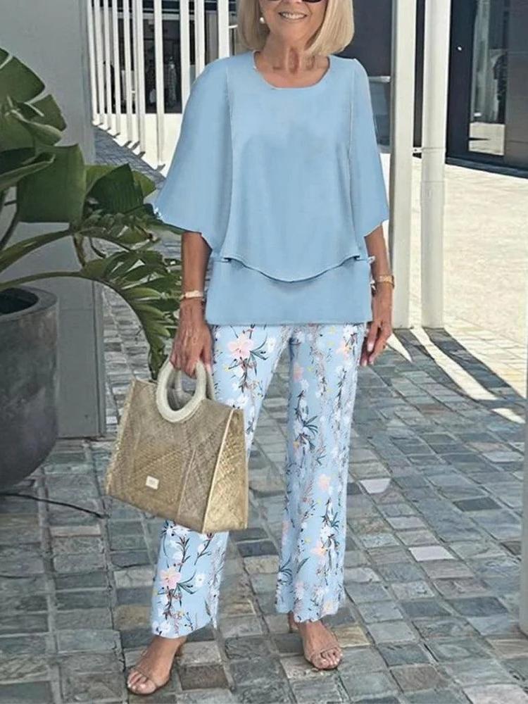 Bell Sleeve Crew Neck Casual Loose Two-Piece Set
