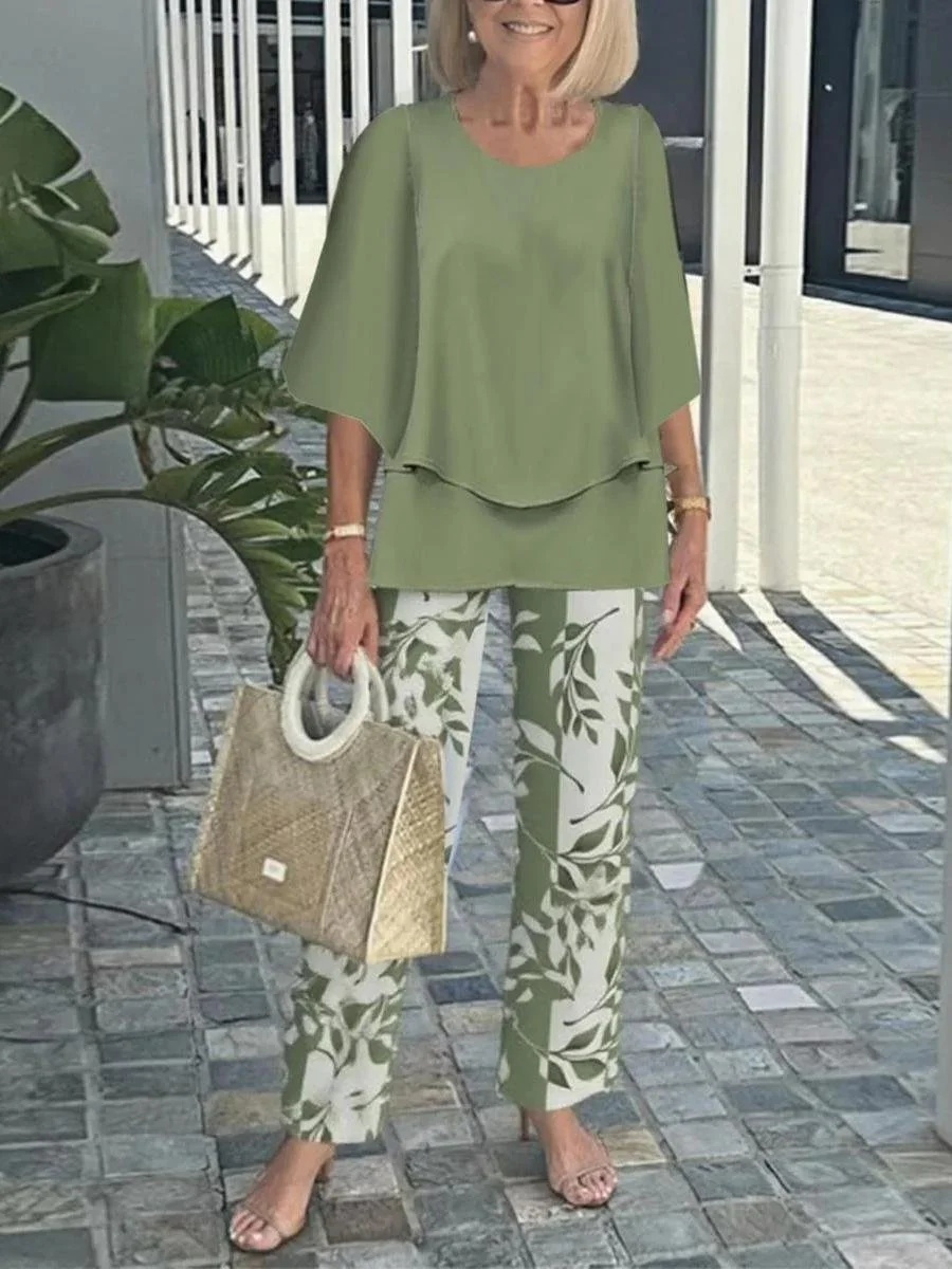 Bell Sleeve Crew Neck Casual Loose Two-Piece Set