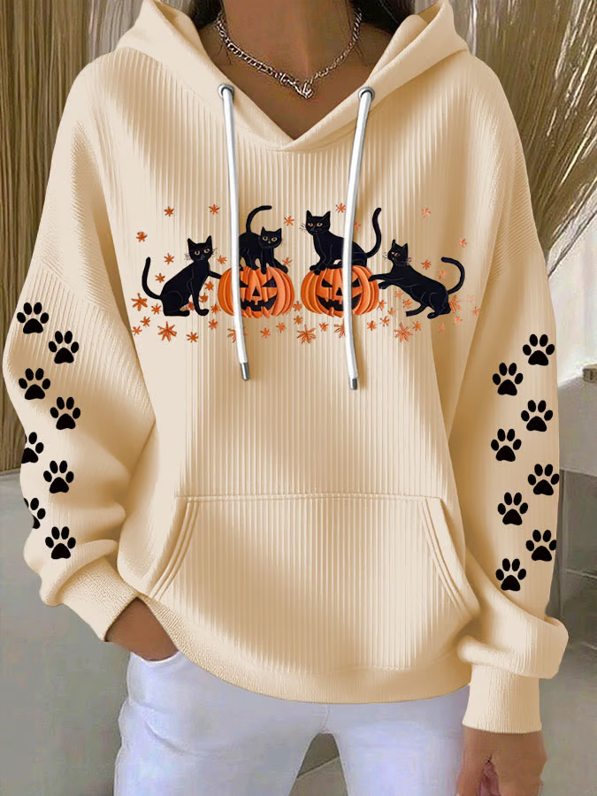Women's Halloween Black Cat Pumpkin Print Casual Hooded Sweatshirt