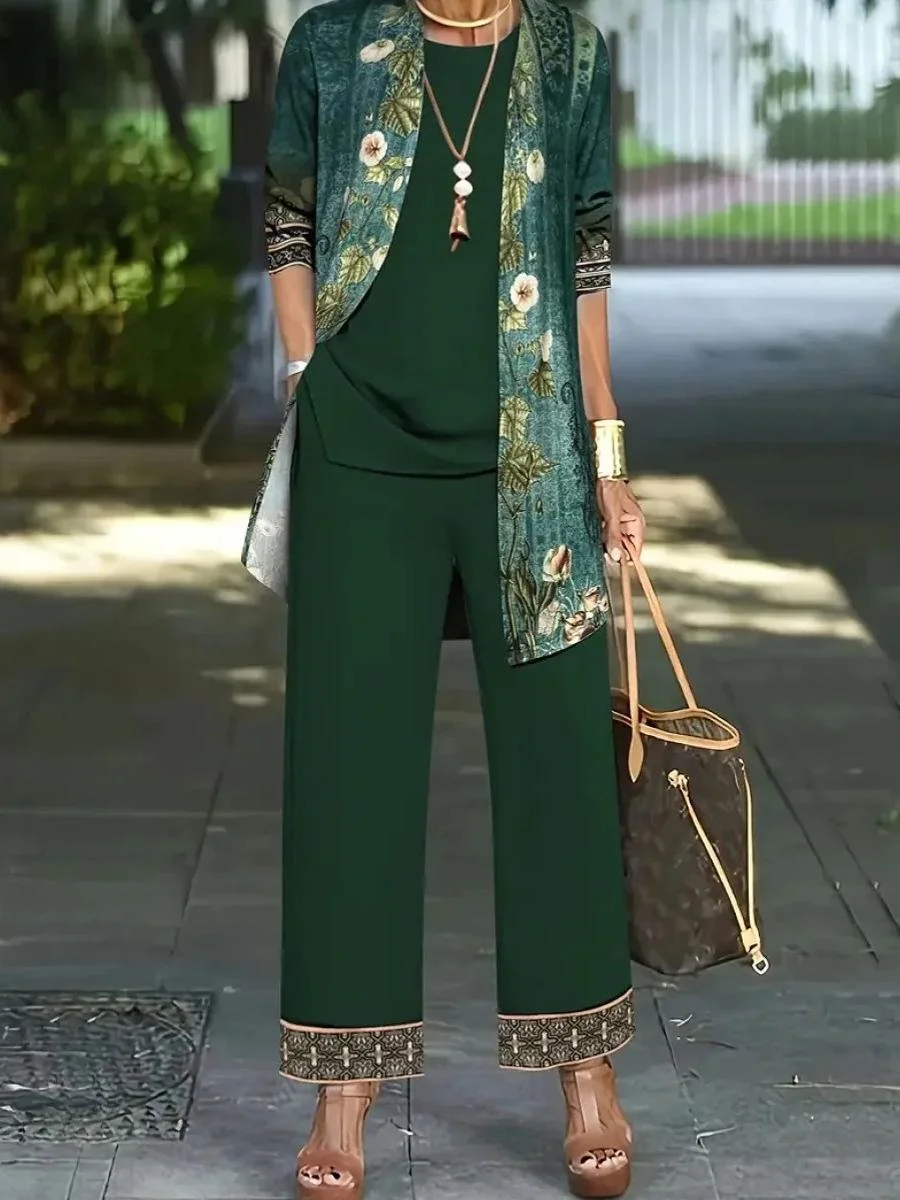 Casual Loose Spring And Autumn Printed Jacket Cardigan Vest Trousers Three-Piece Set
