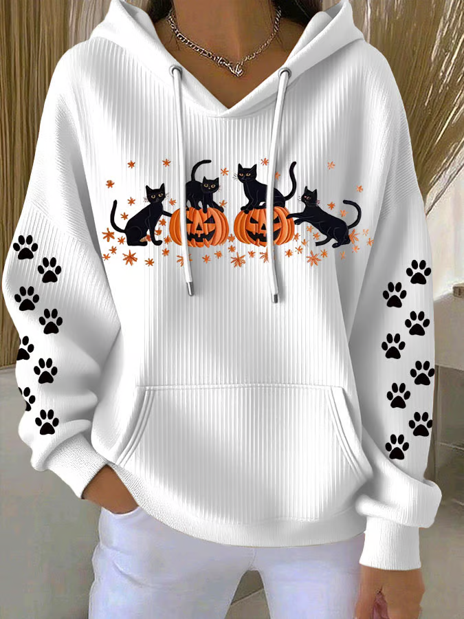 Women's Halloween Black Cat Pumpkin Print Casual Hooded Sweatshirt