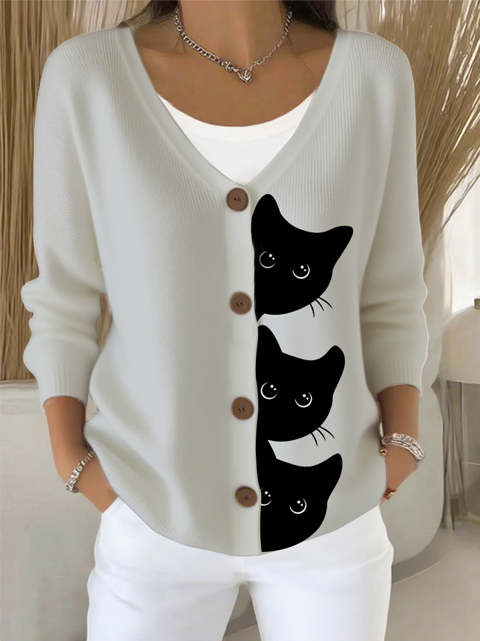 Women's Halloween Fun Black Cat Print Cardigan Sweater