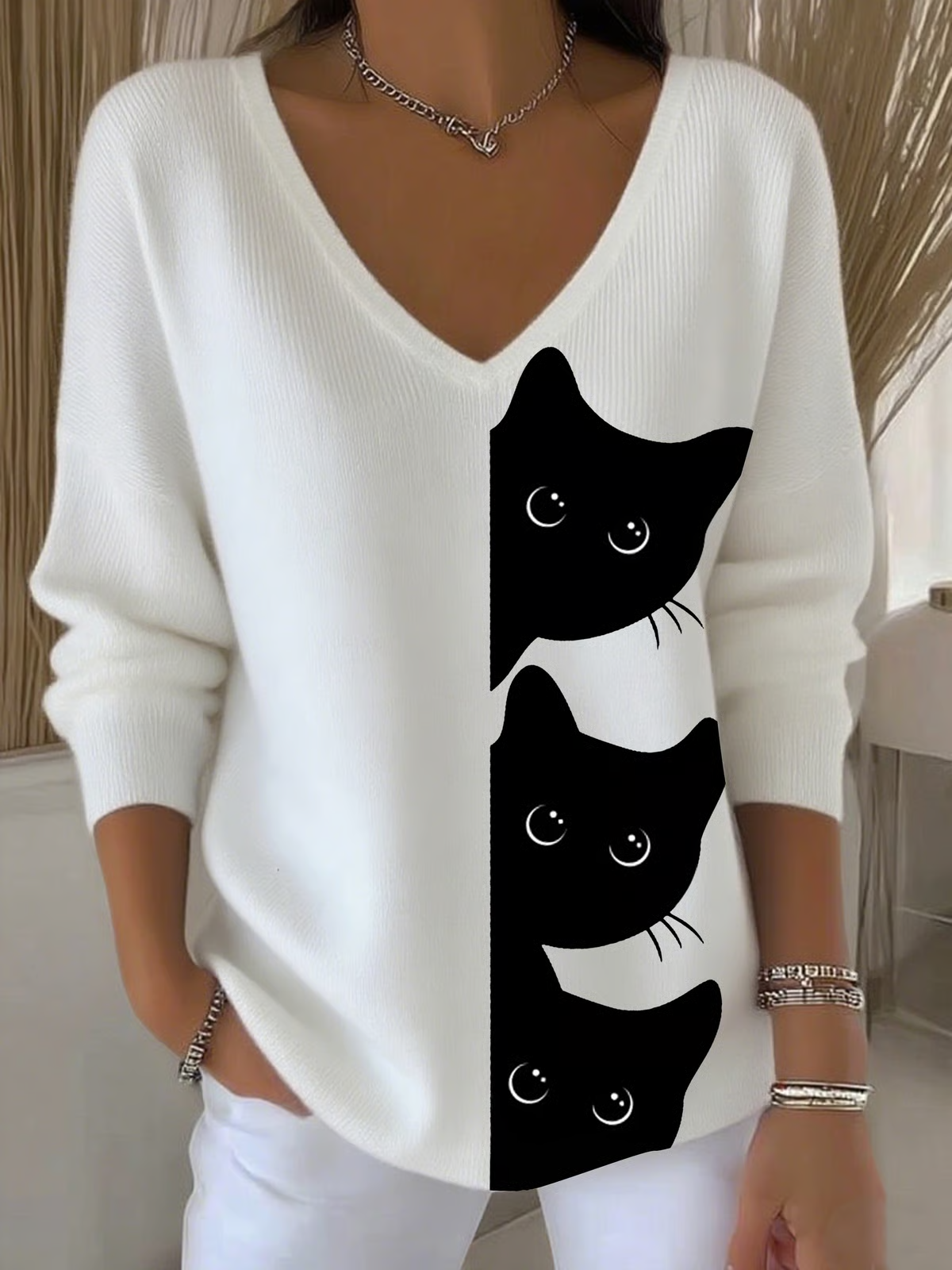 Women's Autumn Cute Three Little Black Cats Printed Casual Top