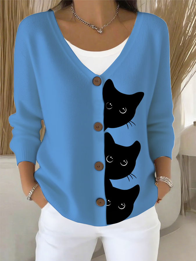 Women's Halloween Fun Black Cat Print Cardigan Sweater