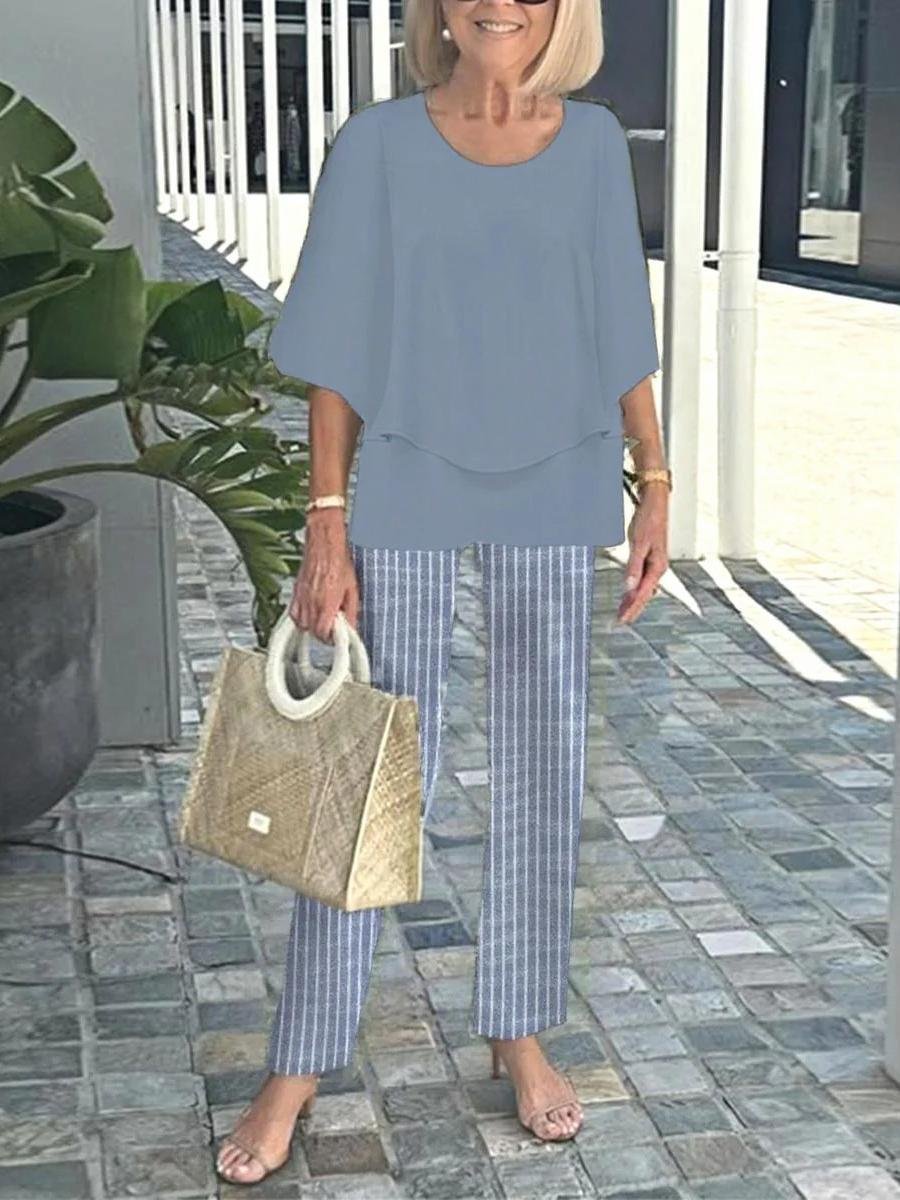 Bell Sleeve Crew Neck Casual Loose Two-Piece Set