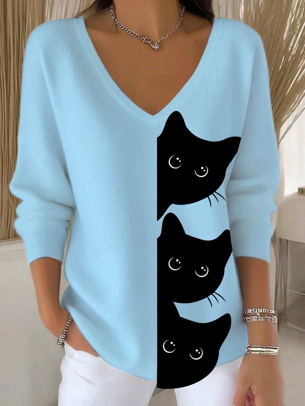 Women's Autumn Cute Three Little Black Cats Printed Casual Top