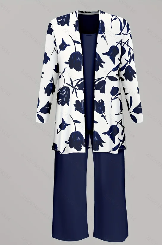 Casual Loose Spring And Autumn Printed Jacket Cardigan Vest Trousers Three-Piece Set