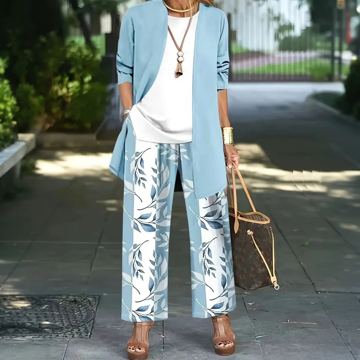 Casual Loose Spring And Autumn Printed Jacket Cardigan Vest Trousers Three-Piece Set