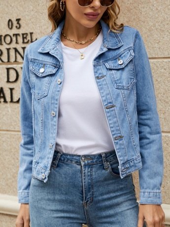 Urban Stand Collar Regular Fit Trendy Lapel Pocket Single-breasted Short Denim Jacket