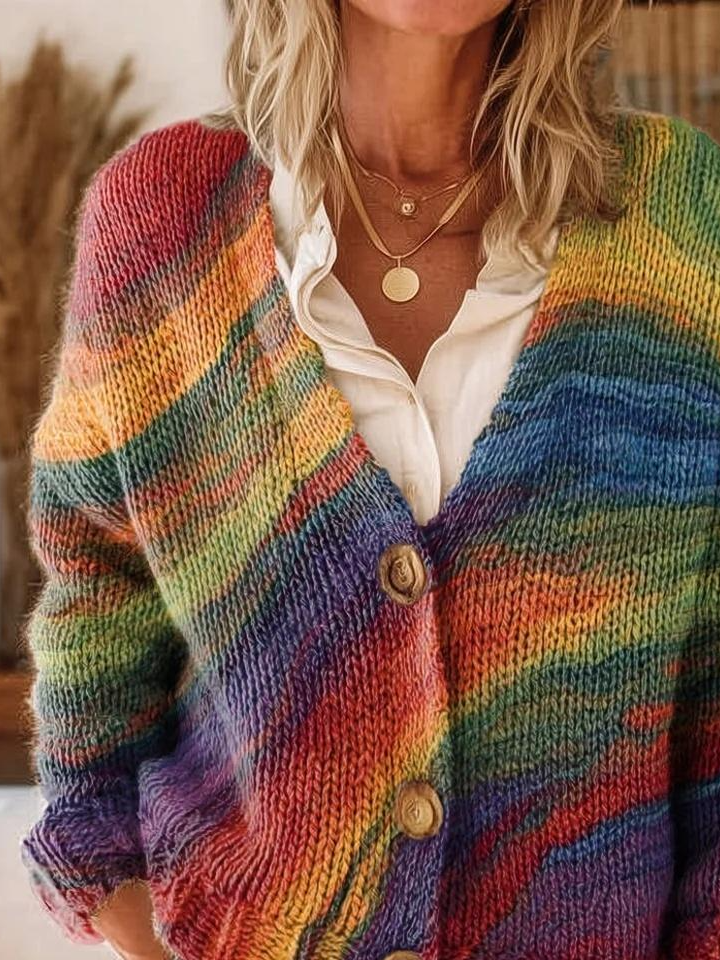 Colorful Bohemian Arc Pattern Art Print Buttoned V-neck Cardigan Sweater