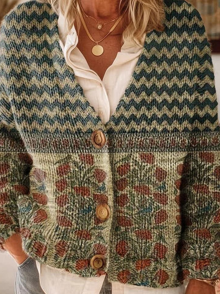 Retro Ethnic Pattern Art Print Button-Front V-Neck Cardigan Sweater
