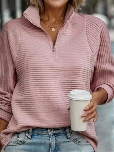 Mock Neck Simple Solid Color Pleated Zip-up Collar Sweatshirt