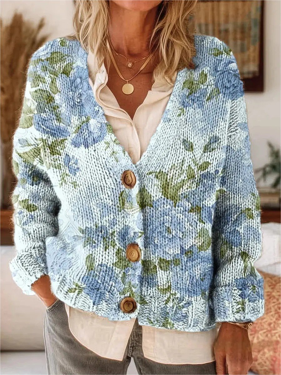 Retro Ethnic Pattern Art Print Button-Front V-Neck Cardigan Sweater