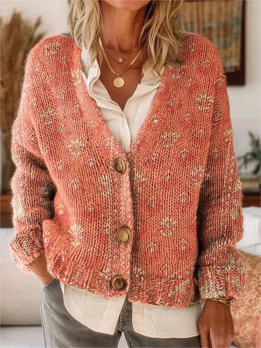 Retro Ethnic Pattern Art Print Button-Front V-Neck Cardigan Sweater