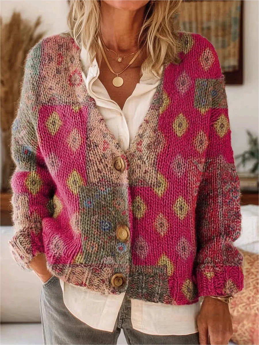 Women's Boho Folk Floral Print Buttoned V-neck Cardigan Sweater