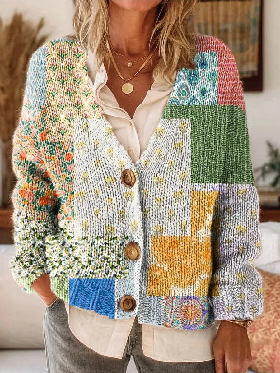 Bohemian Patchwork Pattern Art Print Buttoned V-neck Cardigan Sweater