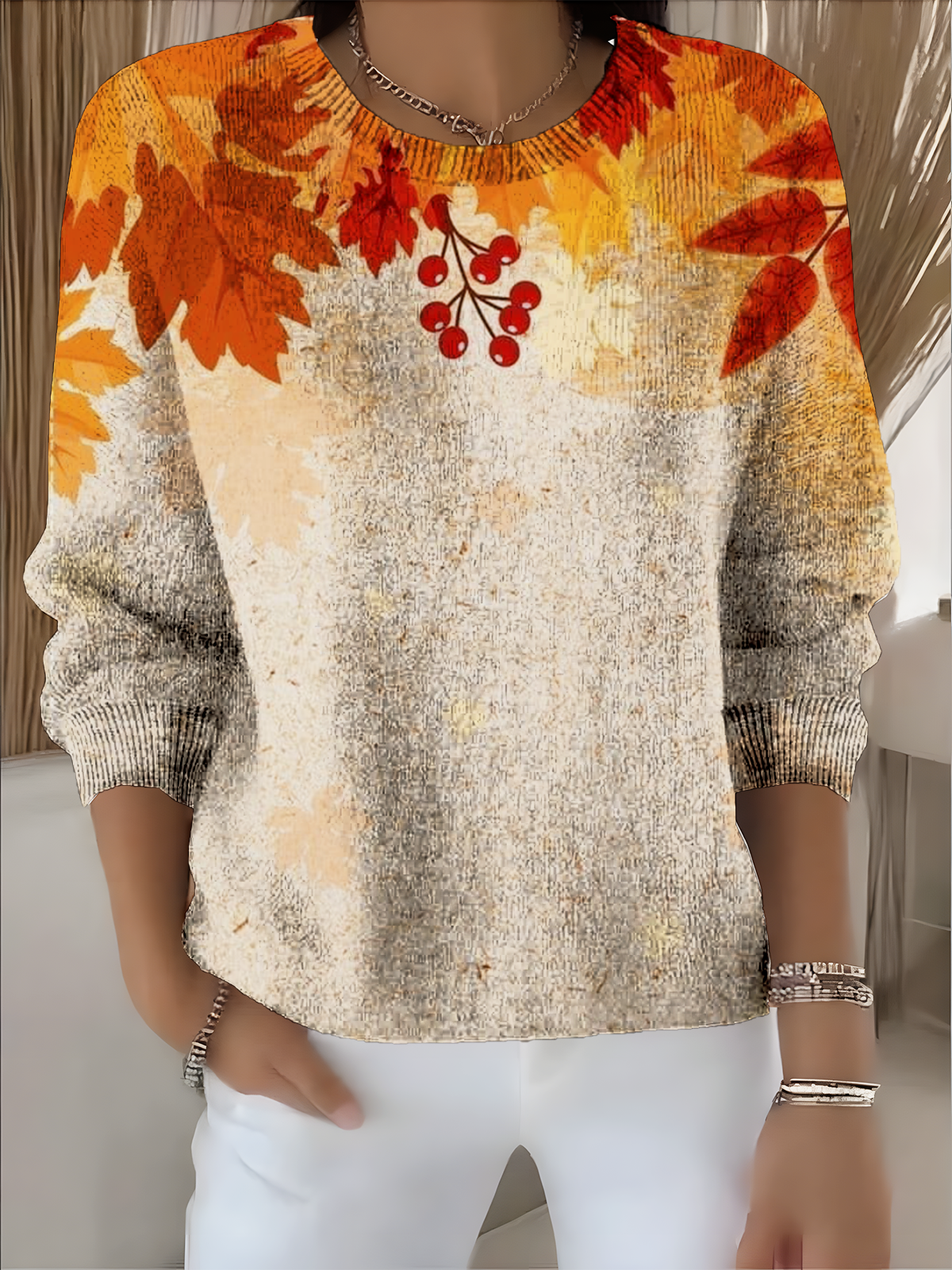 Crew Neck Vintage Maple Leaf Loose Sweater