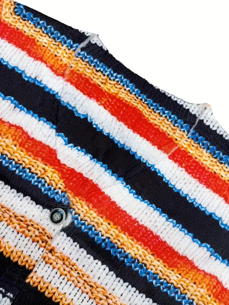 Loose Crew Neck Striped Peasant Cardigan